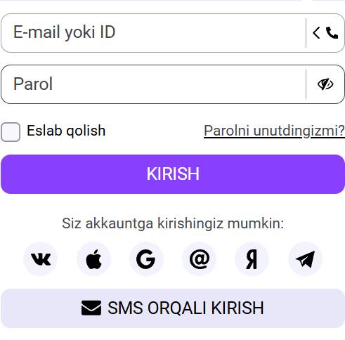 Avtorizatsiya usulini tanlash bilan shaxsiy kabinetga kirish formasi