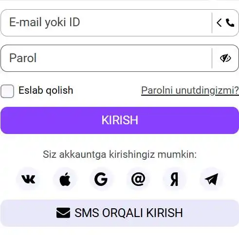 Avtorizatsiya usulini tanlash bilan shaxsiy kabinetga kirish formasi